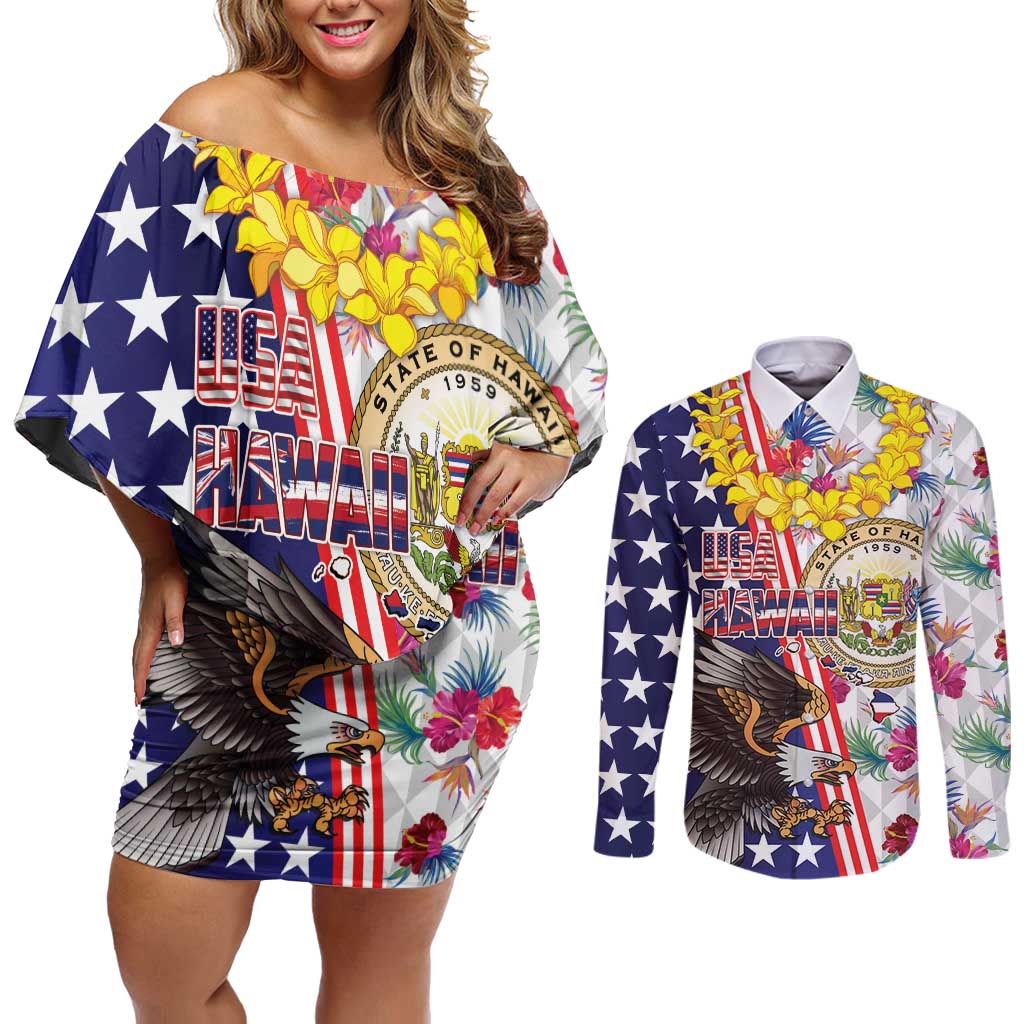 Hawaii and United States Together Couples Matching Off Shoulder Short Dress and Long Sleeve Button Shirt Seal of Hawaii and Bald Eagle - Polynesian Pride