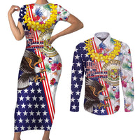 Hawaii and United States Together Couples Matching Short Sleeve Bodycon Dress and Long Sleeve Button Shirt Seal of Hawaii and Bald Eagle - Polynesian Pride