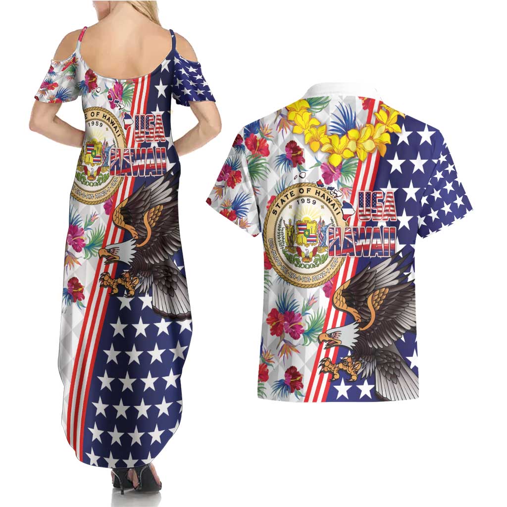 Hawaii and United States Together Couples Matching Summer Maxi Dress and Hawaiian Shirt Seal of Hawaii and Bald Eagle - Polynesian Pride