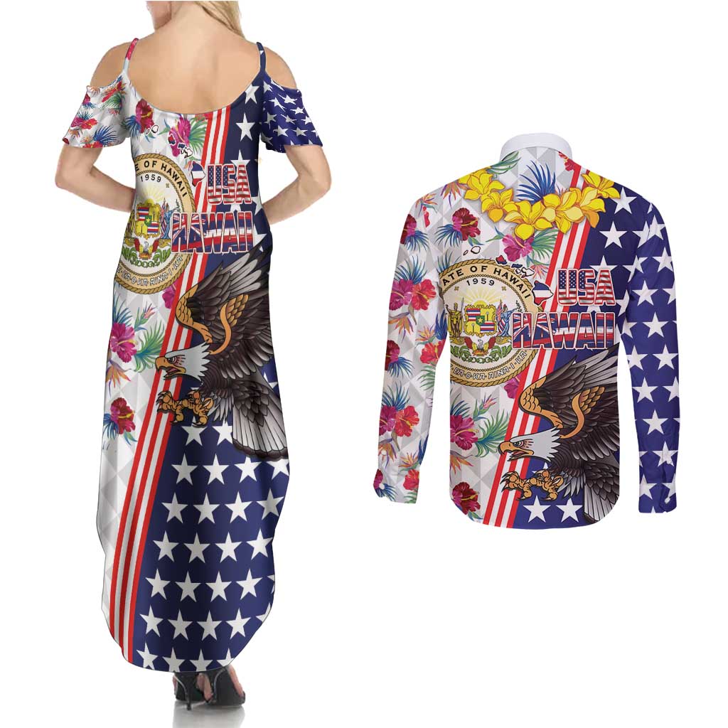 Hawaii and United States Together Couples Matching Summer Maxi Dress and Long Sleeve Button Shirt Seal of Hawaii and Bald Eagle - Polynesian Pride