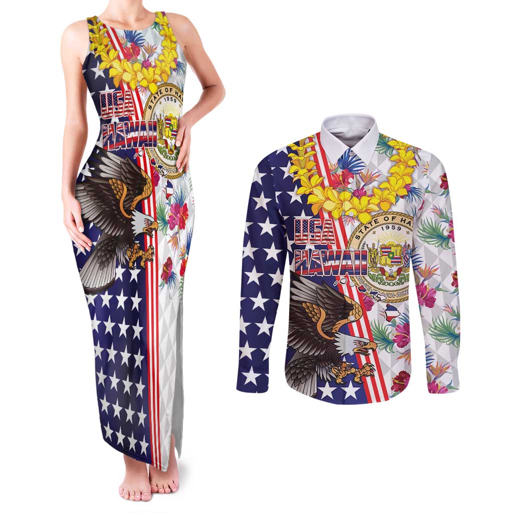 Hawaii and United States Together Couples Matching Tank Maxi Dress and Long Sleeve Button Shirt Seal of Hawaii and Bald Eagle - Polynesian Pride