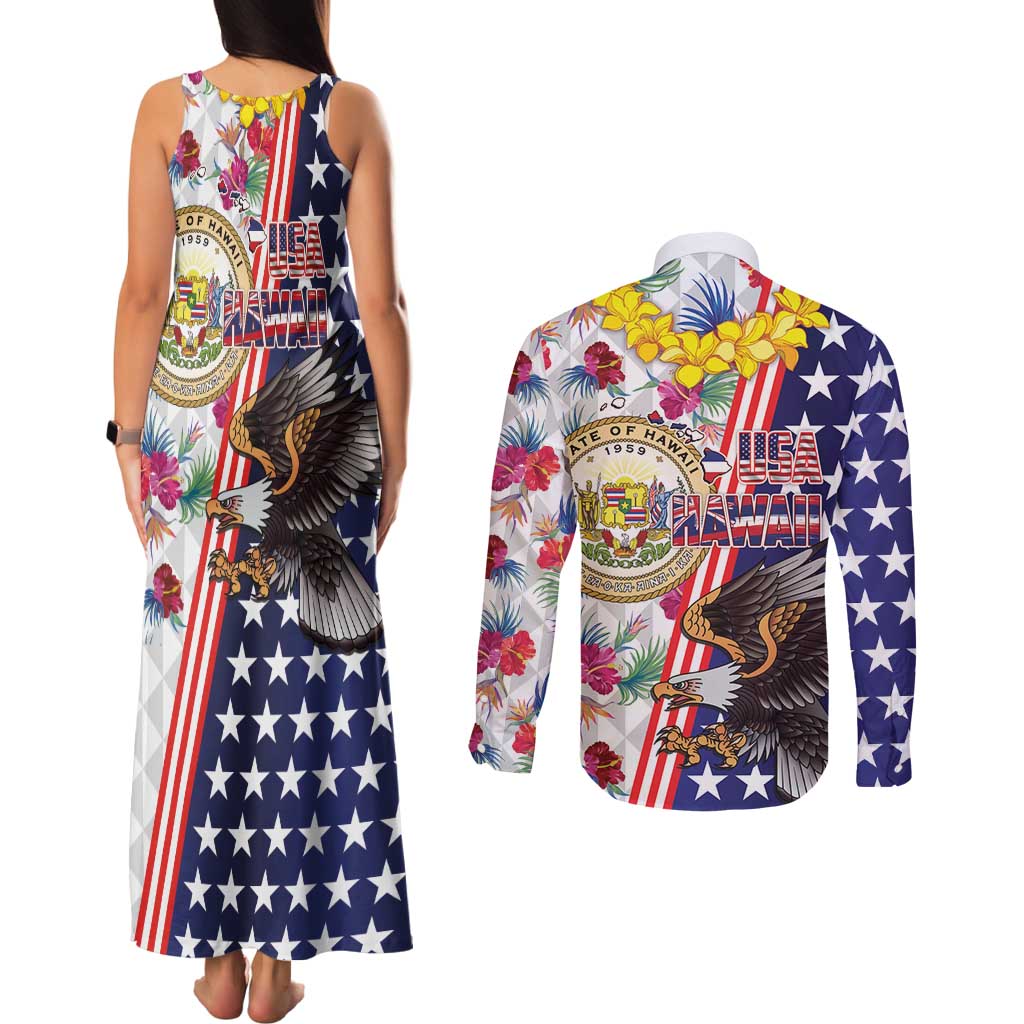 Hawaii and United States Together Couples Matching Tank Maxi Dress and Long Sleeve Button Shirt Seal of Hawaii and Bald Eagle - Polynesian Pride