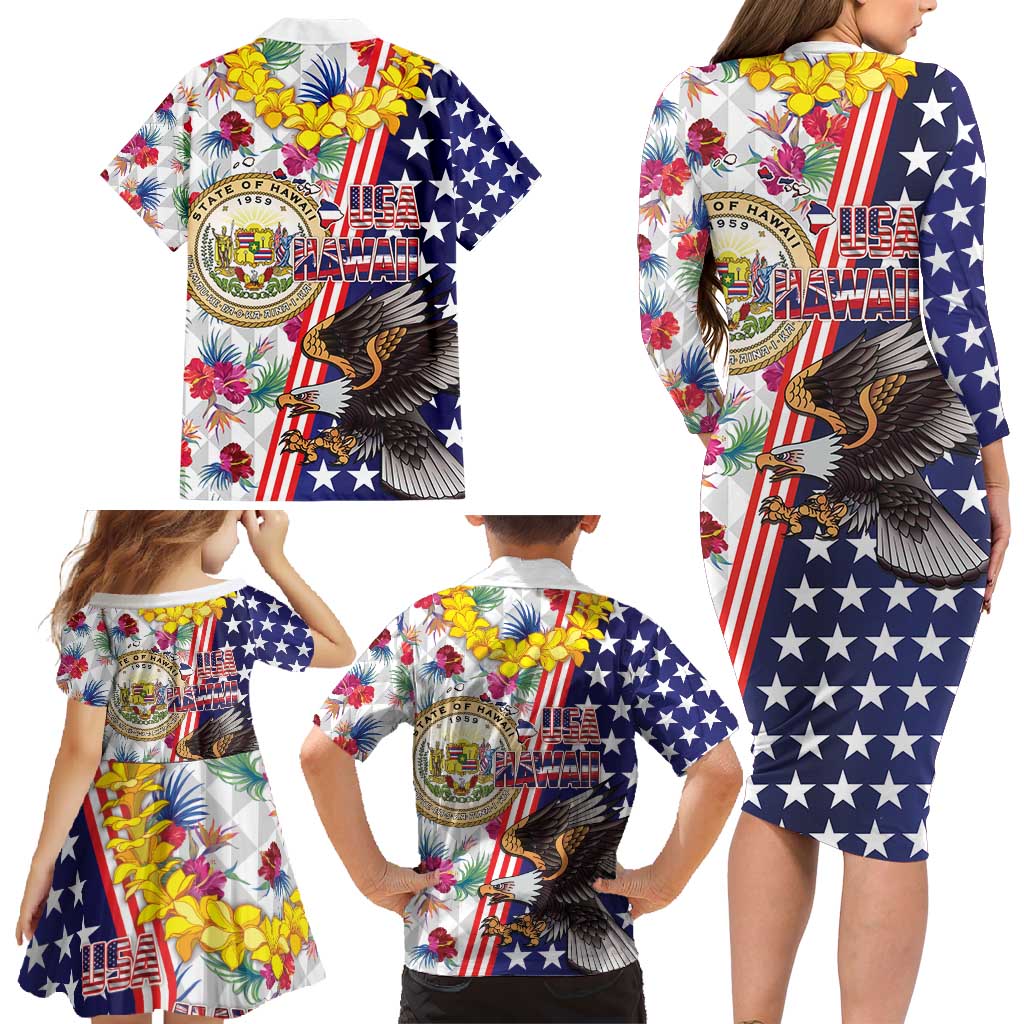 Hawaii and United States Together Family Matching Long Sleeve Bodycon Dress and Hawaiian Shirt Seal of Hawaii and Bald Eagle - Polynesian Pride