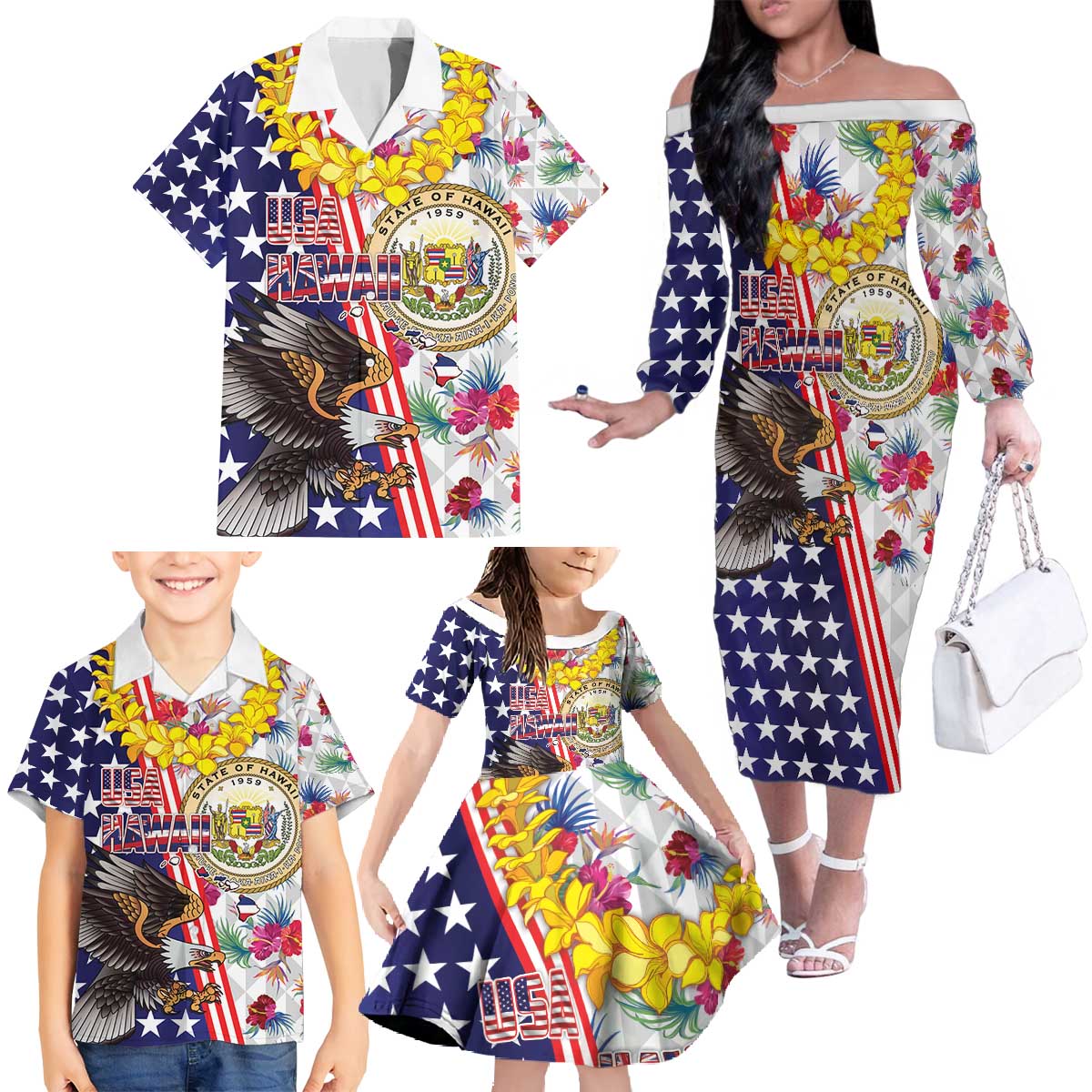 Hawaii and United States Together Family Matching Off The Shoulder Long Sleeve Dress and Hawaiian Shirt Seal of Hawaii and Bald Eagle - Polynesian Pride