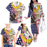 Hawaii and United States Together Family Matching Off The Shoulder Long Sleeve Dress and Hawaiian Shirt Seal of Hawaii and Bald Eagle - Polynesian Pride