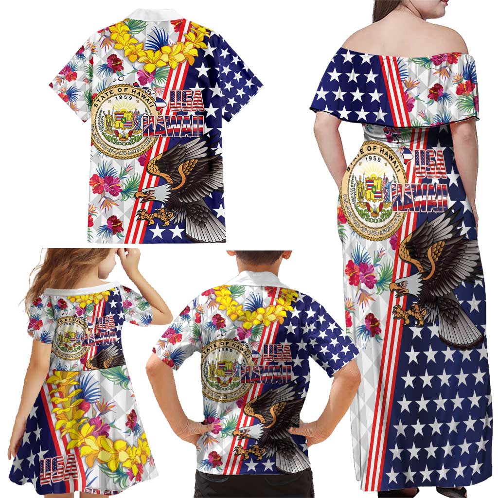 Hawaii and United States Together Family Matching Off Shoulder Maxi Dress and Hawaiian Shirt Seal of Hawaii and Bald Eagle - Polynesian Pride