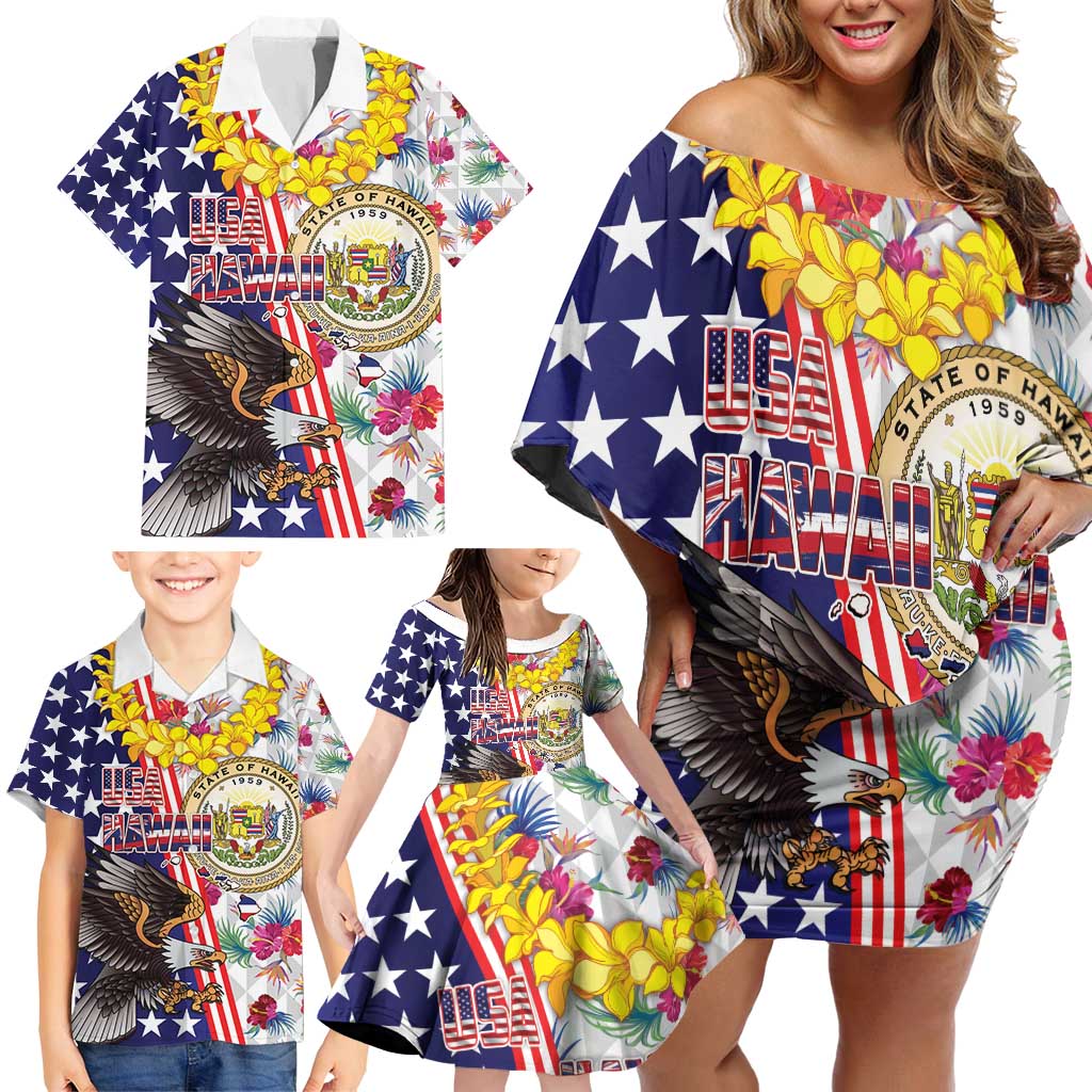 Hawaii and United States Together Family Matching Off Shoulder Short Dress and Hawaiian Shirt Seal of Hawaii and Bald Eagle - Polynesian Pride