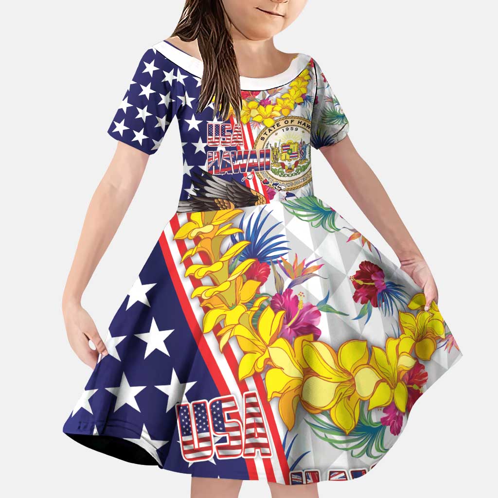 Hawaii and United States Together Family Matching Puletasi and Hawaiian Shirt Seal of Hawaii and Bald Eagle LT03 Daughter's Dress White - Polynesian Pride