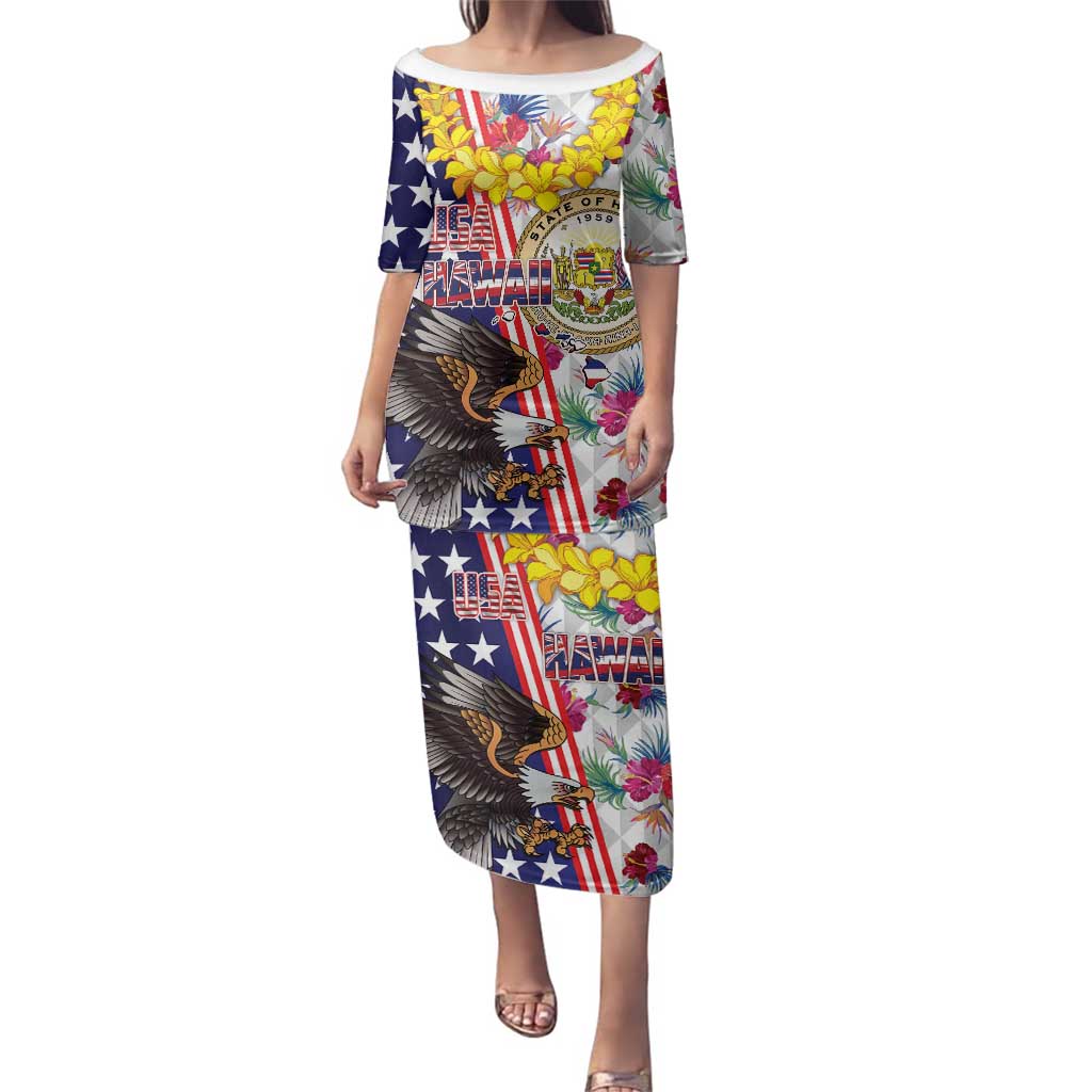 Hawaii and United States Together Family Matching Puletasi and Hawaiian Shirt Seal of Hawaii and Bald Eagle LT03 Mom's Dress White - Polynesian Pride