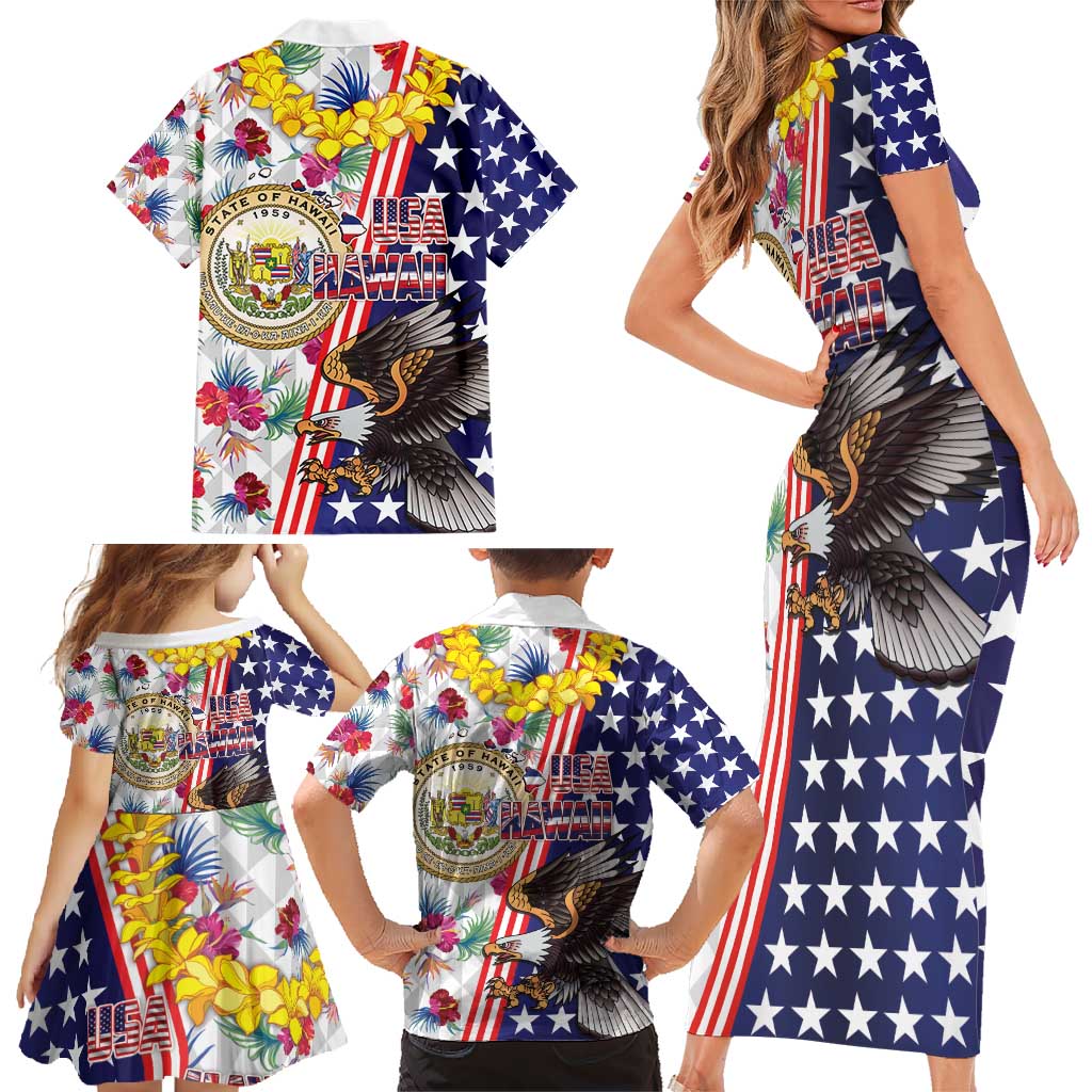 Hawaii and United States Together Family Matching Short Sleeve Bodycon Dress and Hawaiian Shirt Seal of Hawaii and Bald Eagle - Polynesian Pride