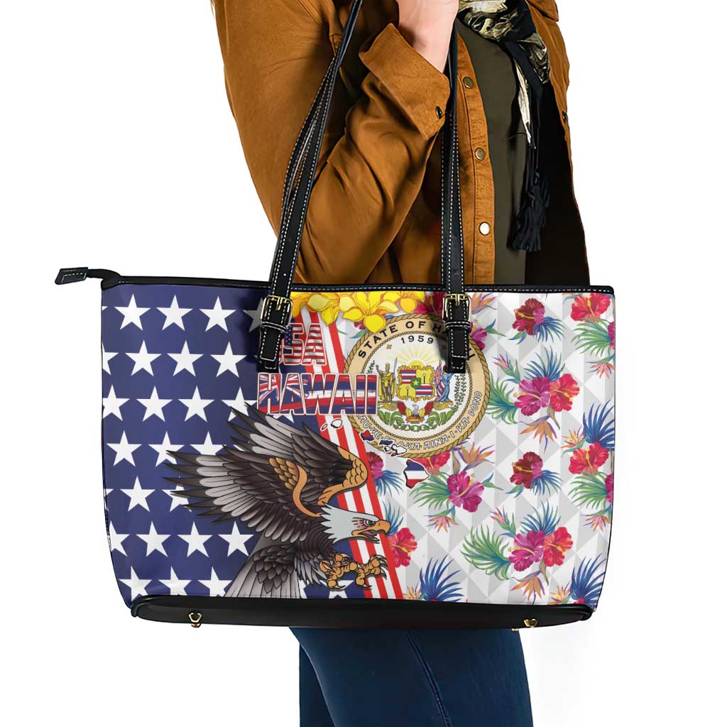 Hawaii and United States Together Leather Tote Bag Seal of Hawaii and Bald Eagle - Polynesian Pride