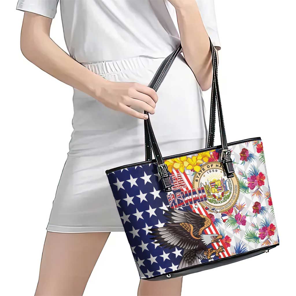 Hawaii and United States Together Leather Tote Bag Seal of Hawaii and Bald Eagle - Polynesian Pride