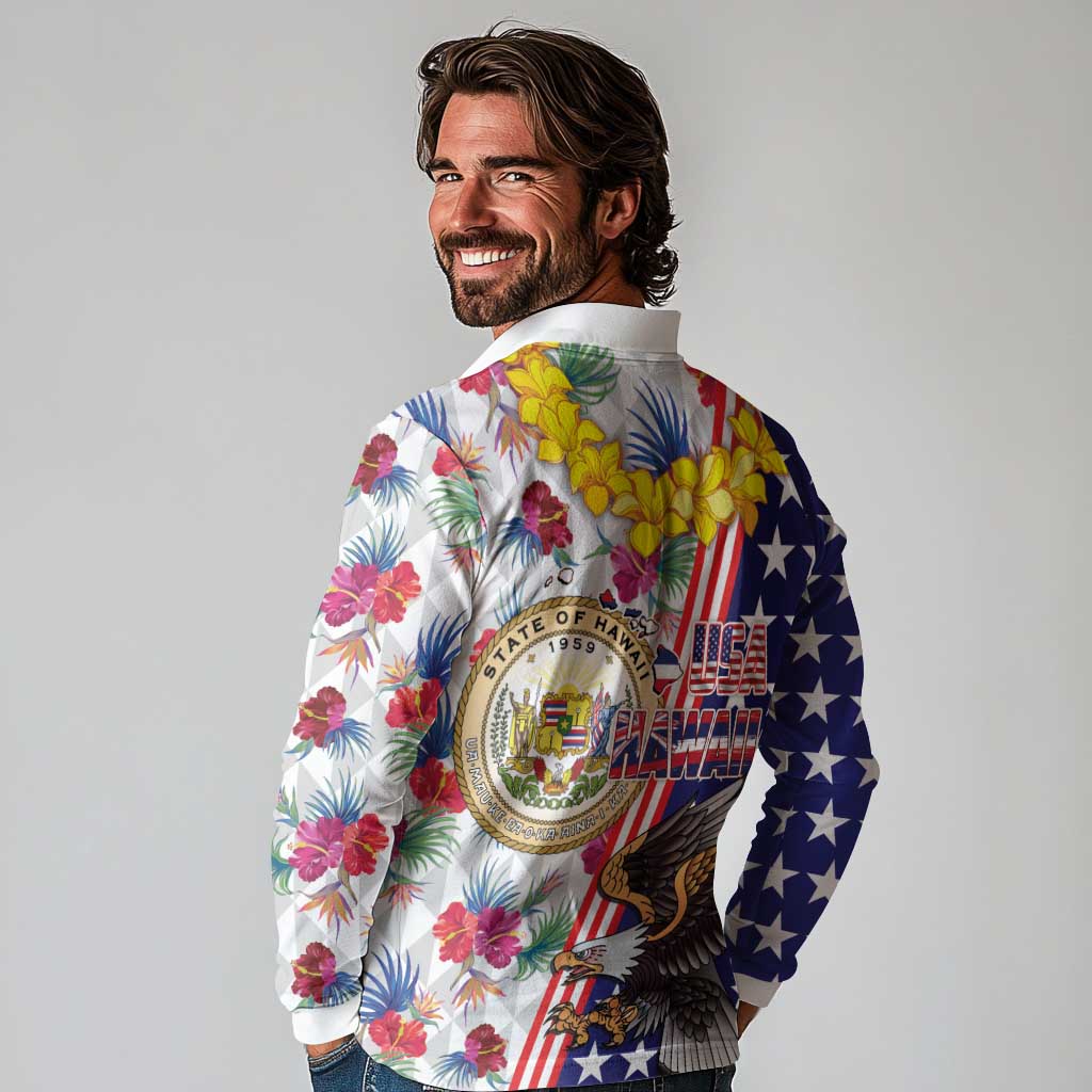 Hawaii and United States Together Long Sleeve Polo Shirt Seal of Hawaii and Bald Eagle - Polynesian Pride