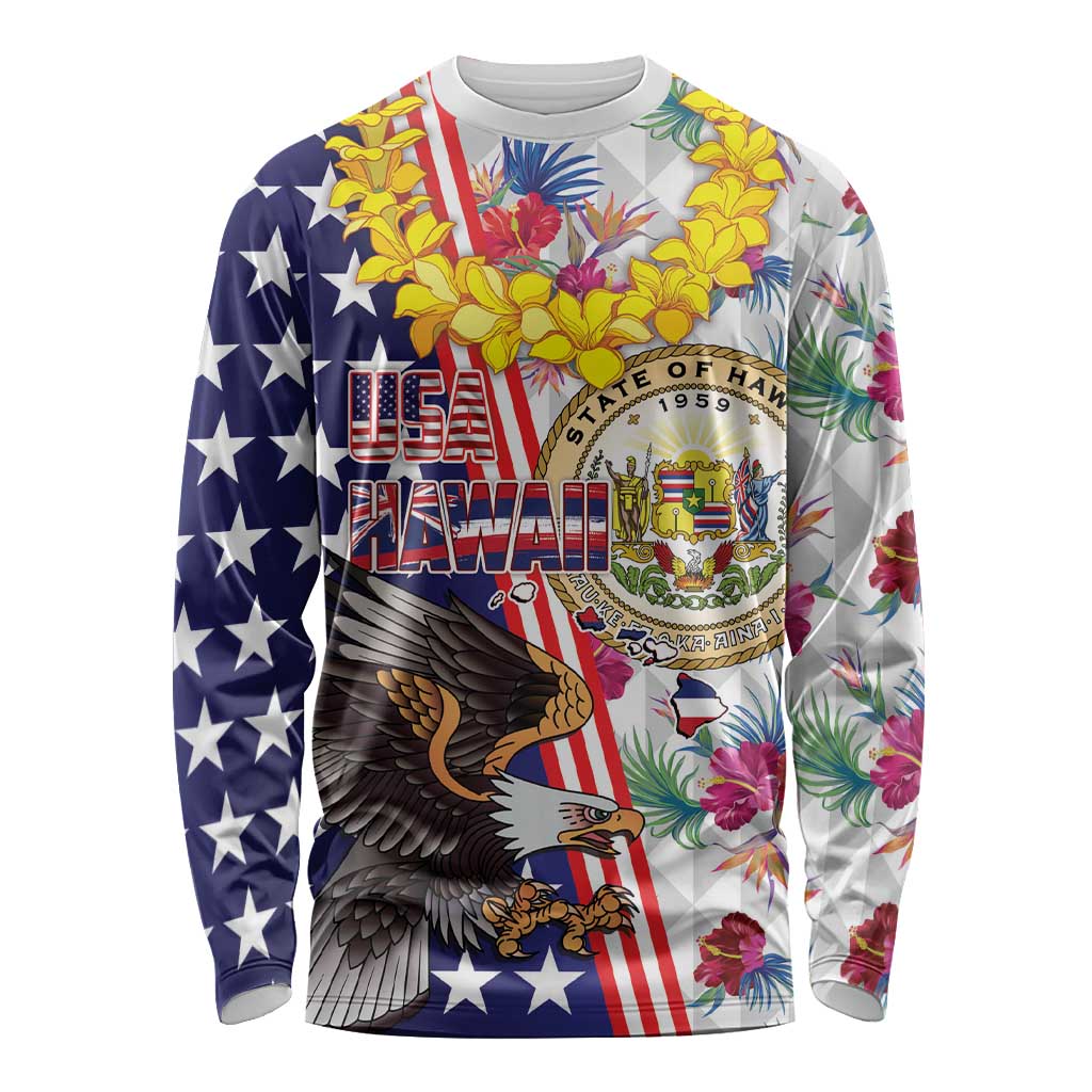 Hawaii and United States Together Long Sleeve Shirt Seal of Hawaii and Bald Eagle LT03 Unisex White - Polynesian Pride