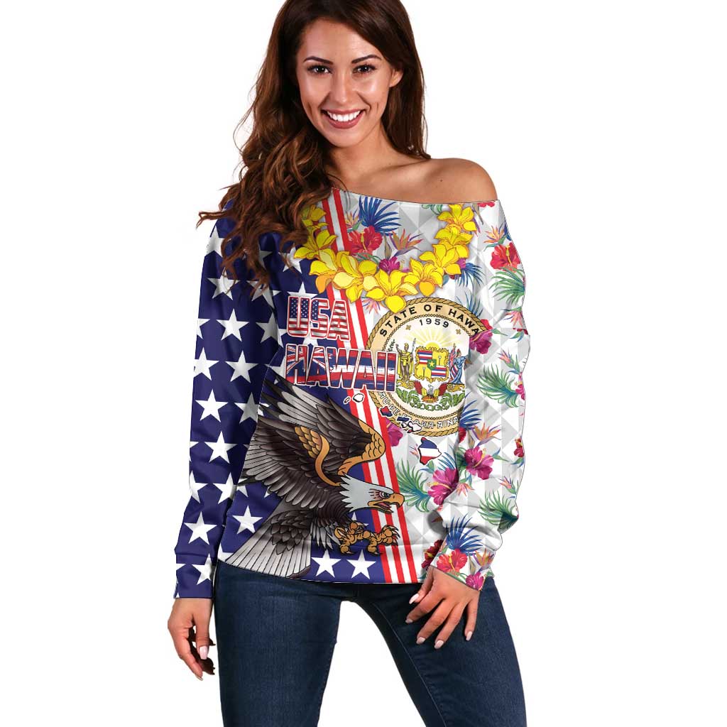 Hawaii and United States Together Off Shoulder Sweater Seal of Hawaii and Bald Eagle - Polynesian Pride