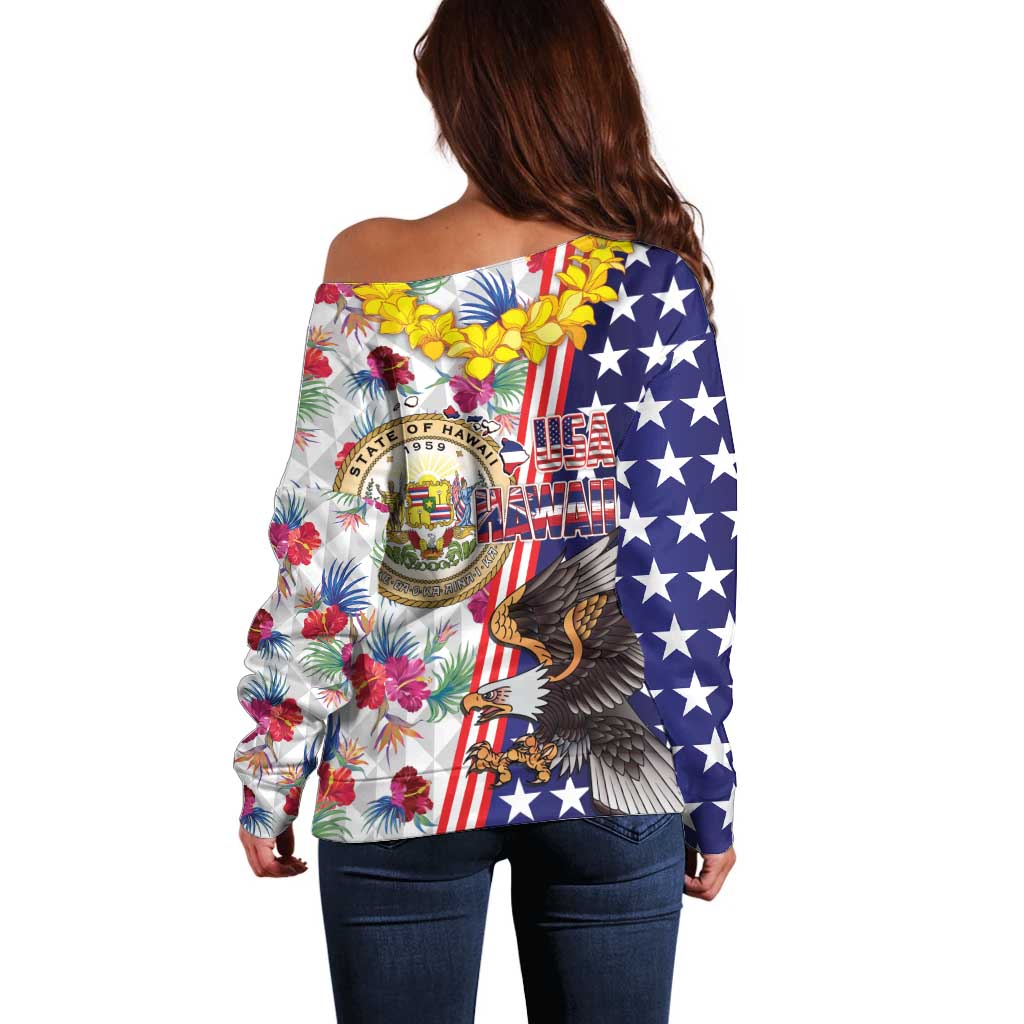 Hawaii and United States Together Off Shoulder Sweater Seal of Hawaii and Bald Eagle - Polynesian Pride