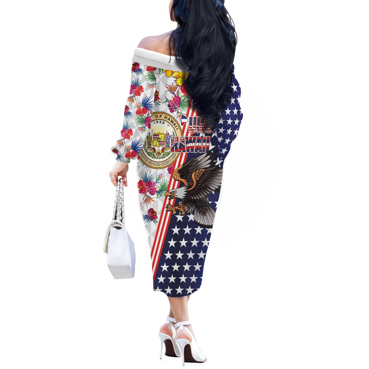 Hawaii and United States Together Off The Shoulder Long Sleeve Dress Seal of Hawaii and Bald Eagle - Polynesian Pride
