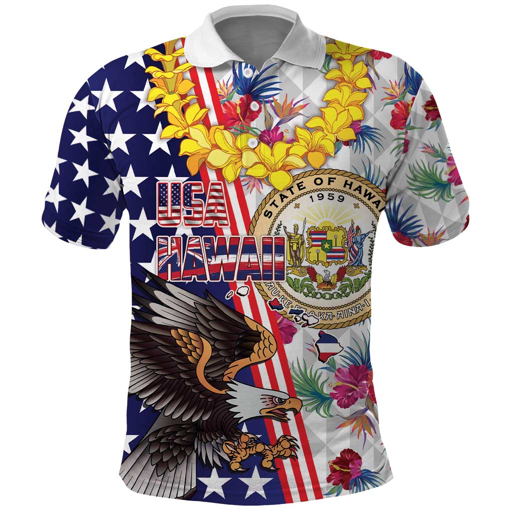 Hawaii and United States Together Polo Shirt Seal of Hawaii and Bald Eagle - Polynesian Pride
