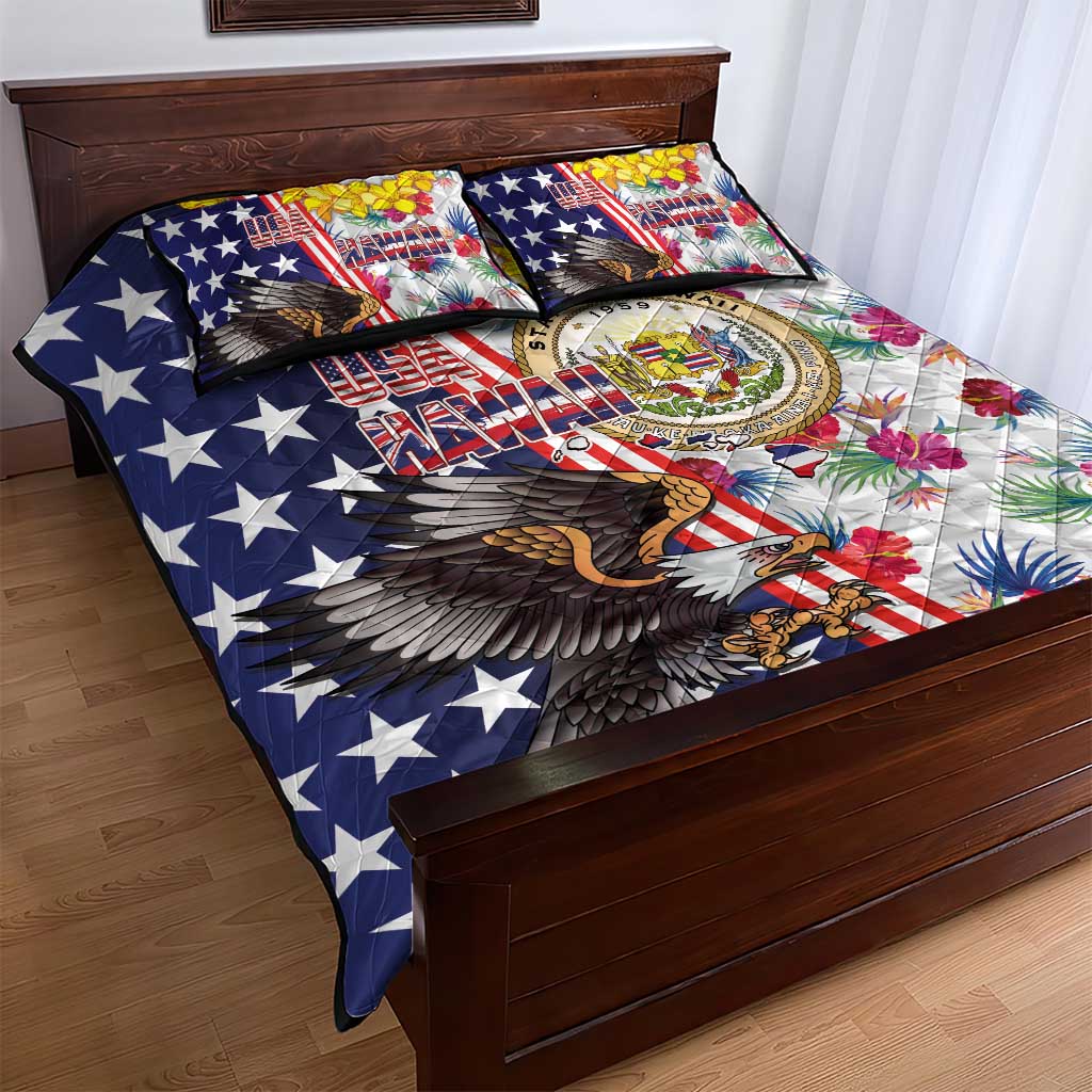 Hawaii and United States Together Quilt Bed Set Seal of Hawaii and Bald Eagle - Polynesian Pride