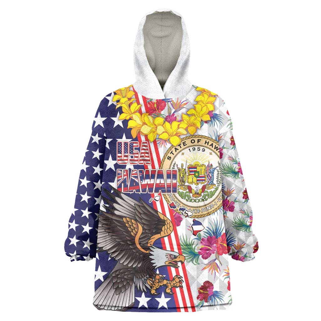 Hawaii and United States Together Wearable Blanket Hoodie Seal of Hawaii and Bald Eagle LT03 One Size White - Polynesian Pride