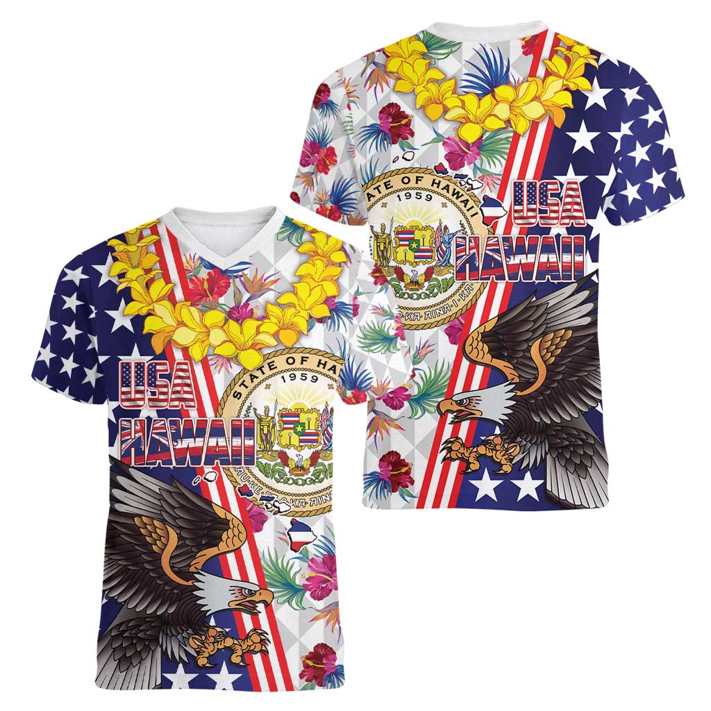 Hawaii and United States Together Women V-Neck T-Shirt Seal of Hawaii and Bald Eagle - Polynesian Pride