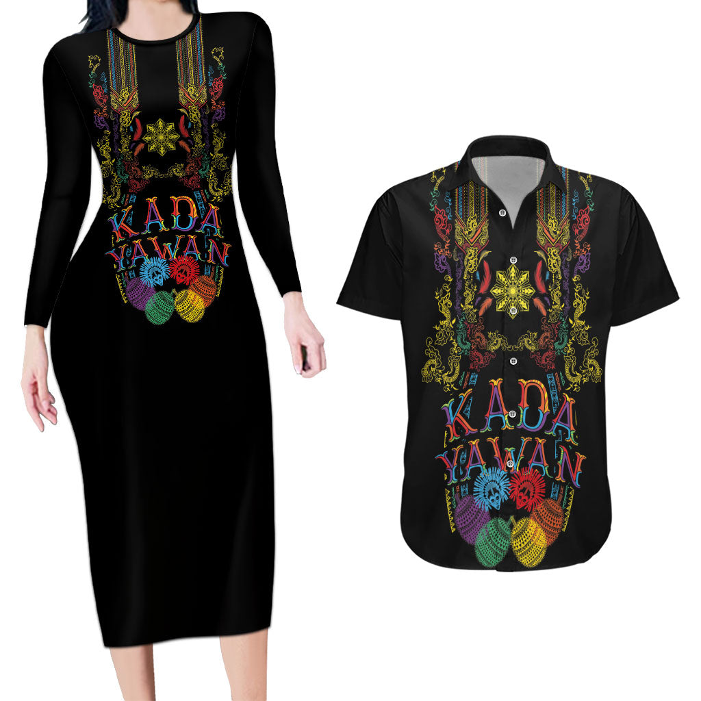 Philippines Kadayawan Festival Couples Matching Long Sleeve Bodycon Dress and Hawaiian Shirt Polynesian Tribal Art Barong Style LT03 Black - Polynesian Pride