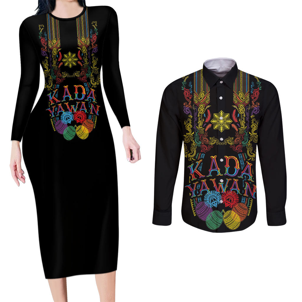 Philippines Kadayawan Festival Couples Matching Long Sleeve Bodycon Dress and Long Sleeve Button Shirt Polynesian Tribal Art Barong Style LT03 Black - Polynesian Pride