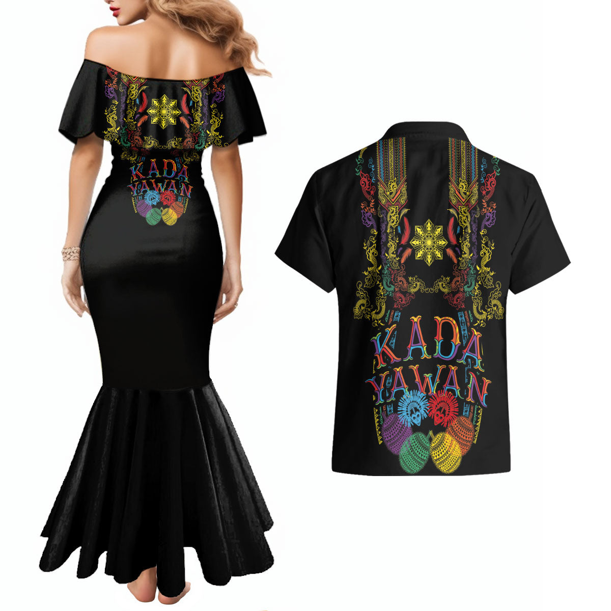 Philippines Kadayawan Festival Couples Matching Mermaid Dress and Hawaiian Shirt Polynesian Tribal Art Barong Style LT03 - Polynesian Pride
