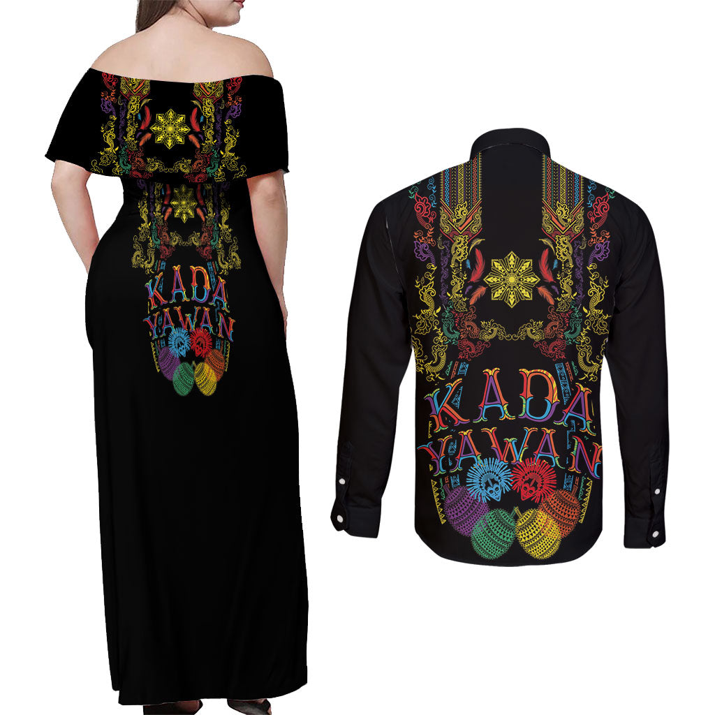 Philippines Kadayawan Festival Couples Matching Off Shoulder Maxi Dress and Long Sleeve Button Shirt Polynesian Tribal Art Barong Style LT03 - Polynesian Pride