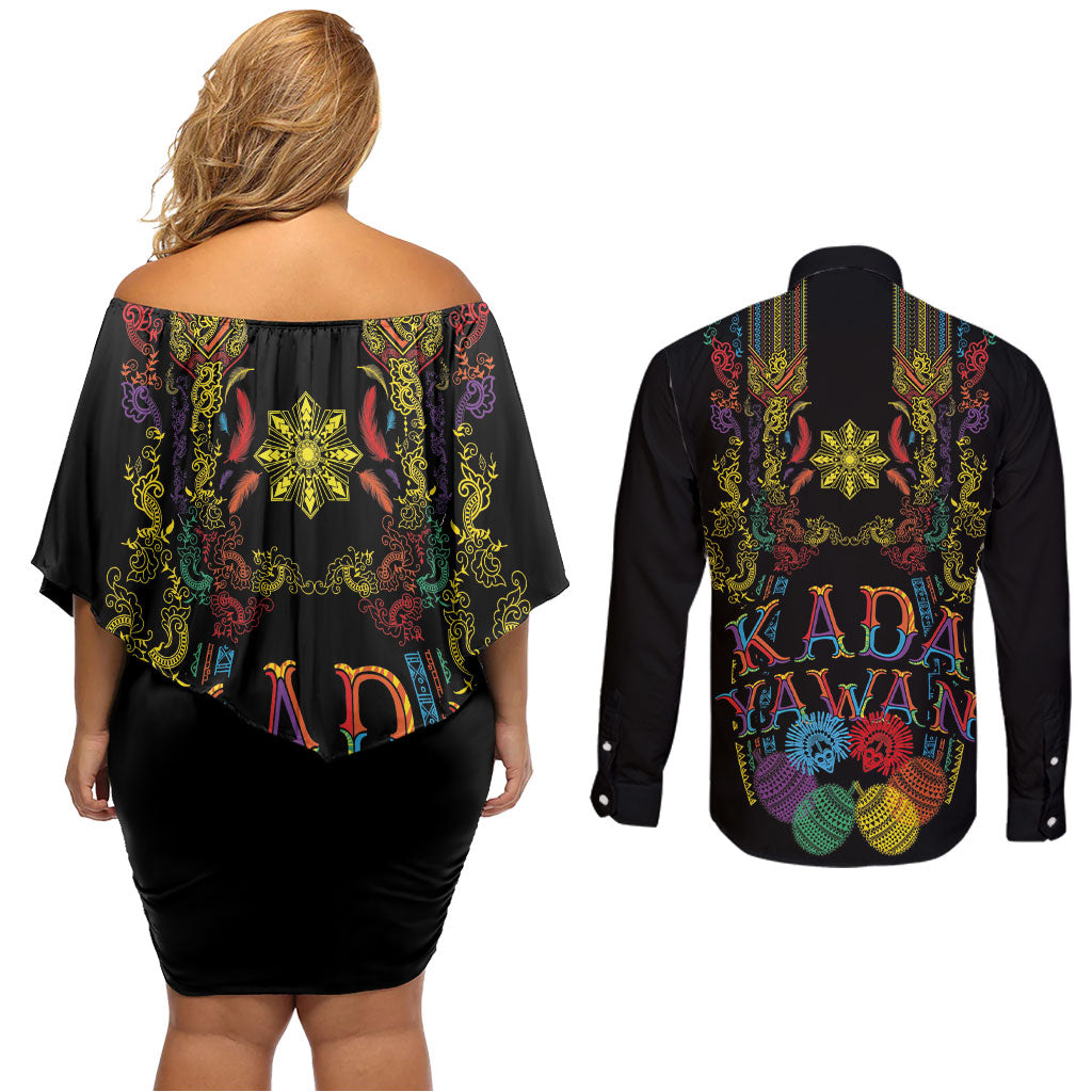 Philippines Kadayawan Festival Couples Matching Off Shoulder Short Dress and Long Sleeve Button Shirt Polynesian Tribal Art Barong Style LT03 - Polynesian Pride