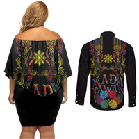 Philippines Kadayawan Festival Couples Matching Off Shoulder Short Dress and Long Sleeve Button Shirt Polynesian Tribal Art Barong Style LT03 - Polynesian Pride