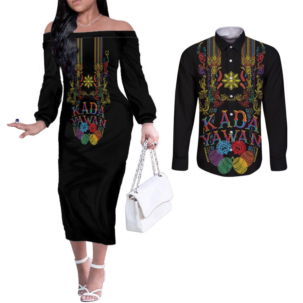 Philippines Kadayawan Festival Couples Matching Off The Shoulder Long Sleeve Dress and Long Sleeve Button Shirt Polynesian Tribal Art Barong Style LT03 Black - Polynesian Pride