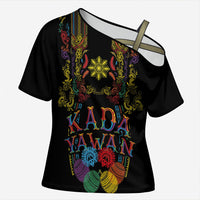 Philippines Kadayawan Festival Cross Shoulder Shirt Polynesian Tribal Art Barong Style LT03 Female Black - Polynesian Pride