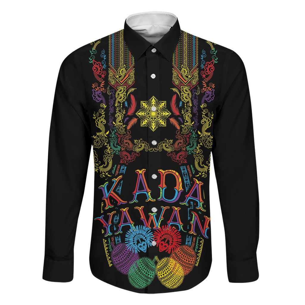Philippines Kadayawan Festival Family Matching Off Shoulder Maxi Dress and Hawaiian Shirt Polynesian Tribal Art Barong Style LT03 Dad's Shirt - Long Sleeve Black - Polynesian Pride