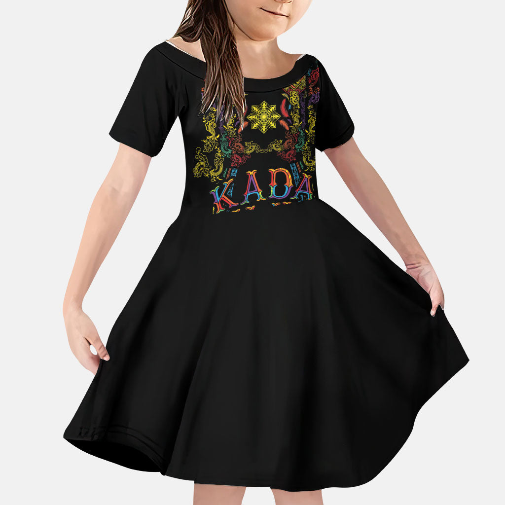 Philippines Kadayawan Festival Family Matching Summer Maxi Dress and Hawaiian Shirt Polynesian Tribal Art Barong Style LT03 Daughter's Dress Black - Polynesian Pride
