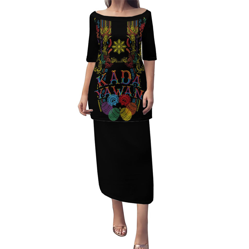 Philippines Kadayawan Festival Puletasi Polynesian Tribal Art Barong Style LT03 Long Dress Black - Polynesian Pride