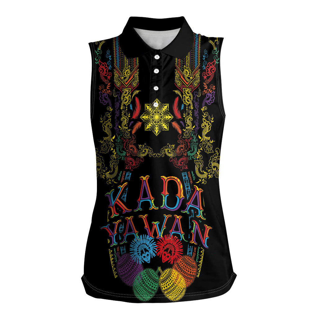 Philippines Kadayawan Festival Women Sleeveless Polo Shirt Polynesian Tribal Art Barong Style LT03 Female Black - Polynesian Pride