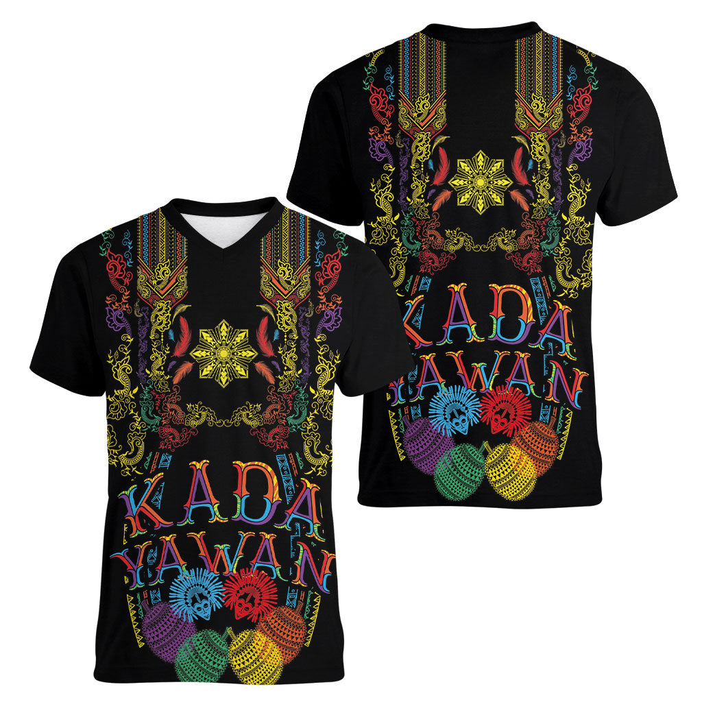 Philippines Kadayawan Festival Women V-Neck T-Shirt Polynesian Tribal Art Barong Style LT03 - Polynesian Pride
