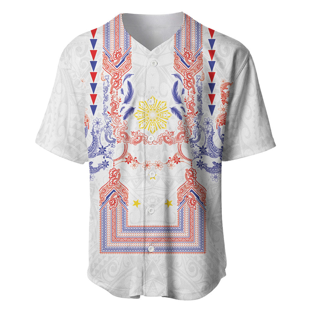 Philippines Barong Style Baseball Jersey Polynesian Kakau Art Tattoos with Tribal Filipino Sun LT03 White - Polynesian Pride