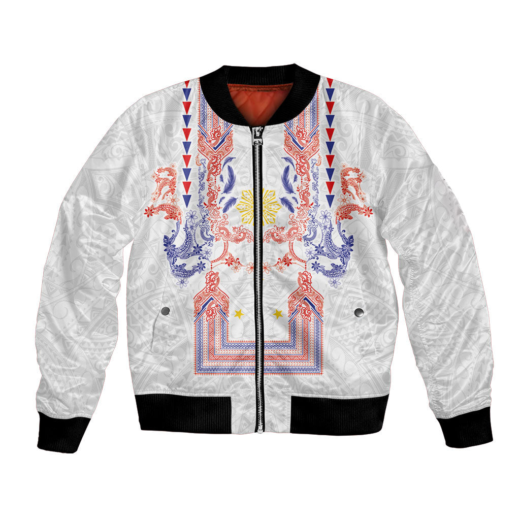 Philippines Barong Style Bomber Jacket Polynesian Kakau Art Tattoos with Tribal Filipino Sun LT03 Unisex White - Polynesian Pride