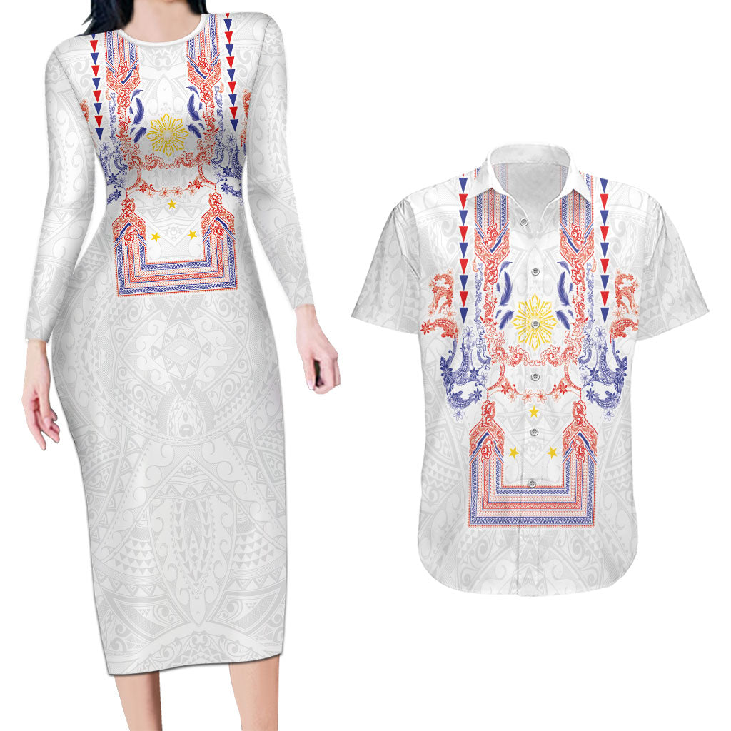 Philippines Barong Style Couples Matching Long Sleeve Bodycon Dress and Hawaiian Shirt Polynesian Kakau Art Tattoos with Tribal Filipino Sun LT03 White - Polynesian Pride