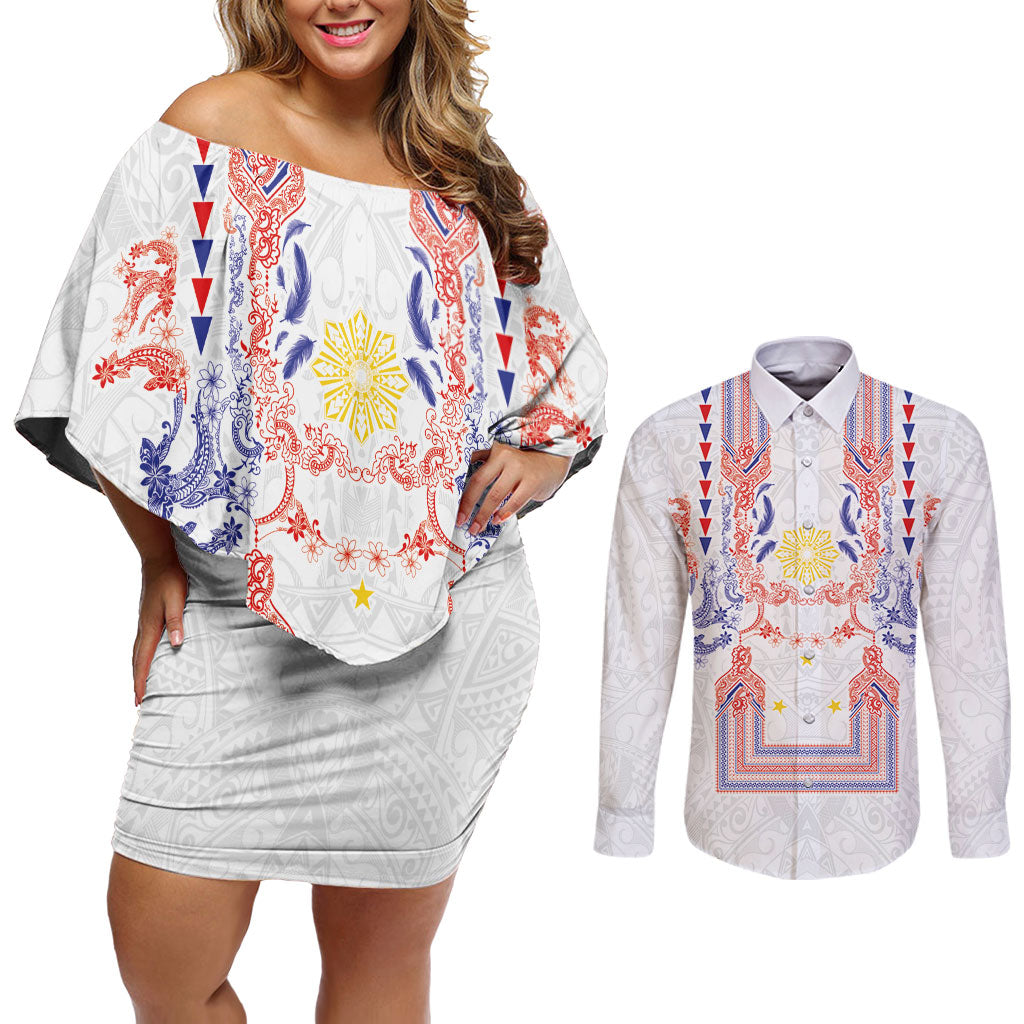 Philippines Barong Style Couples Matching Off Shoulder Short Dress and Long Sleeve Button Shirt Polynesian Kakau Art Tattoos with Tribal Filipino Sun LT03 White - Polynesian Pride