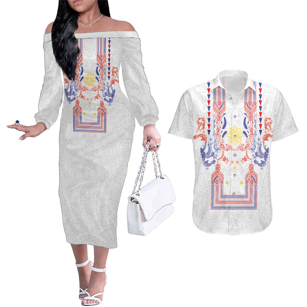 Philippines Barong Style Couples Matching Off The Shoulder Long Sleeve Dress and Hawaiian Shirt Polynesian Kakau Art Tattoos with Tribal Filipino Sun LT03 White - Polynesian Pride
