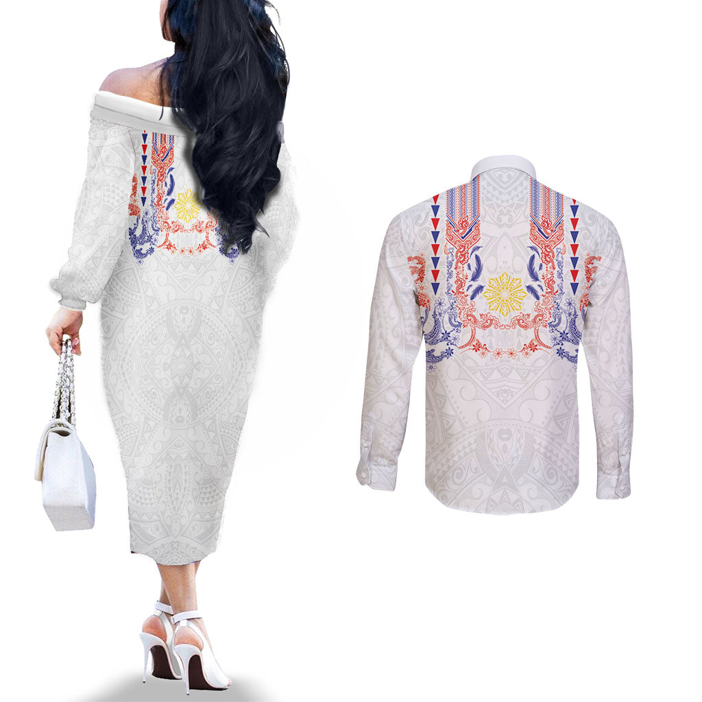 Philippines Barong Style Couples Matching Off The Shoulder Long Sleeve Dress and Long Sleeve Button Shirt Polynesian Kakau Art Tattoos with Tribal Filipino Sun LT03 - Polynesian Pride