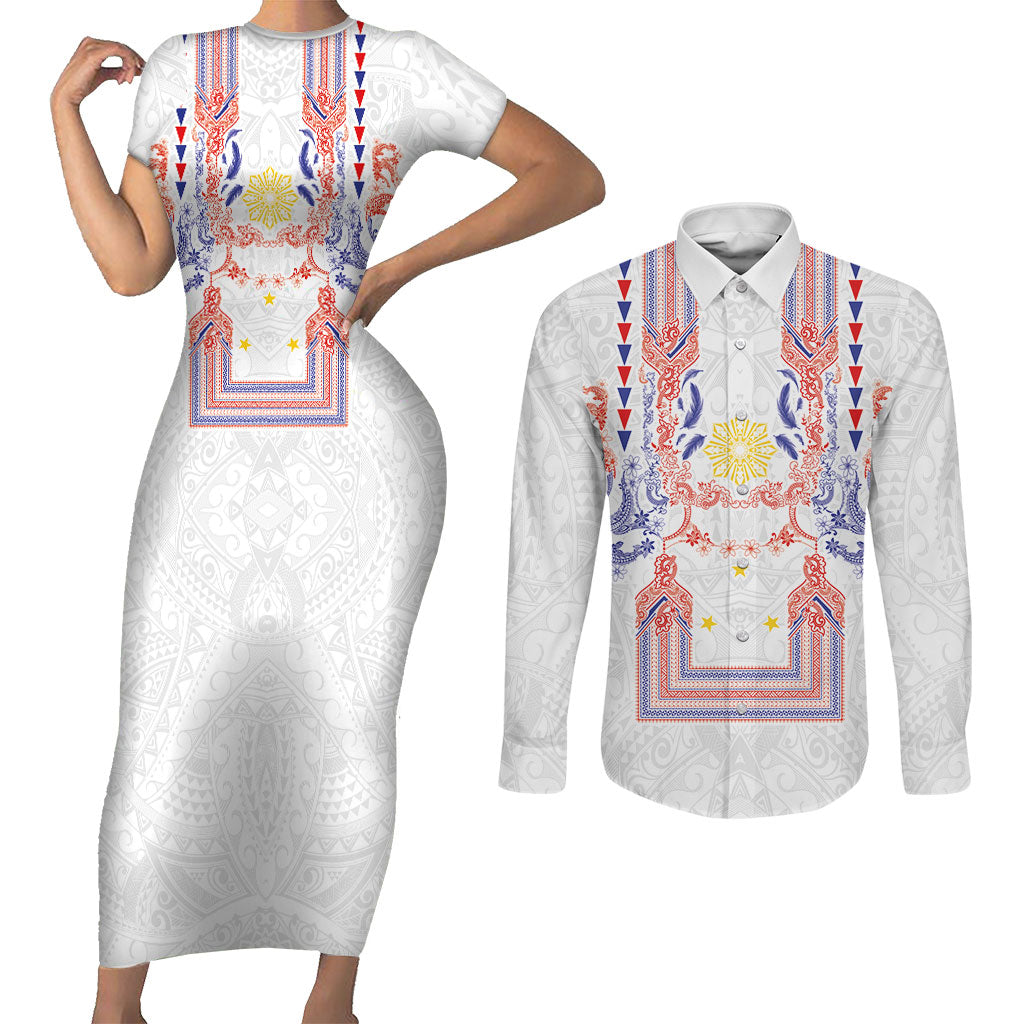 Philippines Barong Style Couples Matching Short Sleeve Bodycon Dress and Long Sleeve Button Shirt Polynesian Kakau Art Tattoos with Tribal Filipino Sun LT03 White - Polynesian Pride