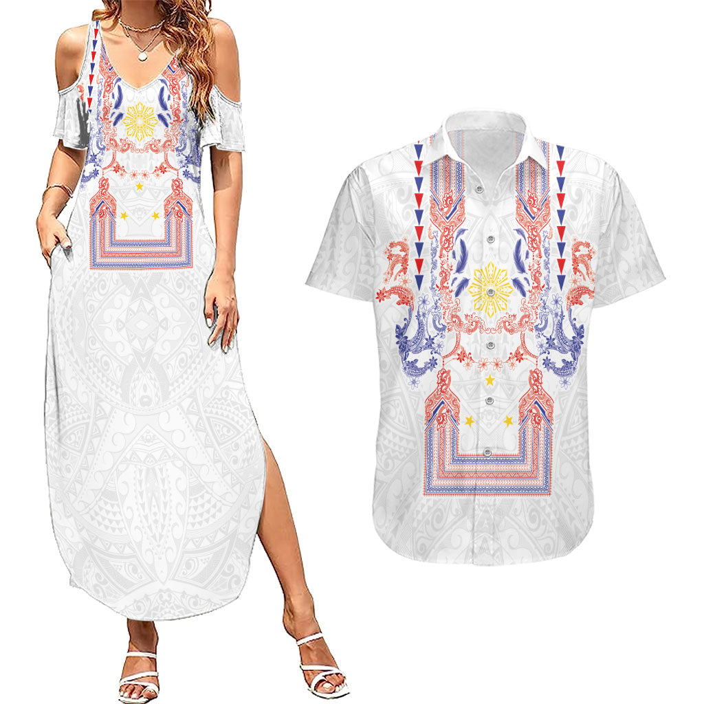 Philippines Barong Style Couples Matching Summer Maxi Dress and Hawaiian Shirt Polynesian Kakau Art Tattoos with Tribal Filipino Sun LT03 White - Polynesian Pride