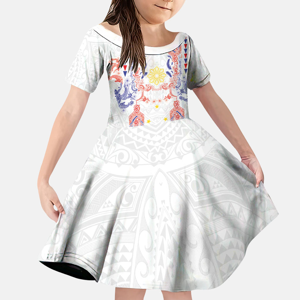 Philippines Barong Style Family Matching Off Shoulder Maxi Dress and Hawaiian Shirt Polynesian Kakau Art Tattoos with Tribal Filipino Sun LT03 Daughter's Dress White - Polynesian Pride