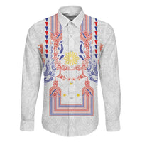 Philippines Barong Style Family Matching Puletasi and Hawaiian Shirt Polynesian Kakau Art Tattoos with Tribal Filipino Sun LT03 Dad's Shirt - Long Sleeve White - Polynesian Pride