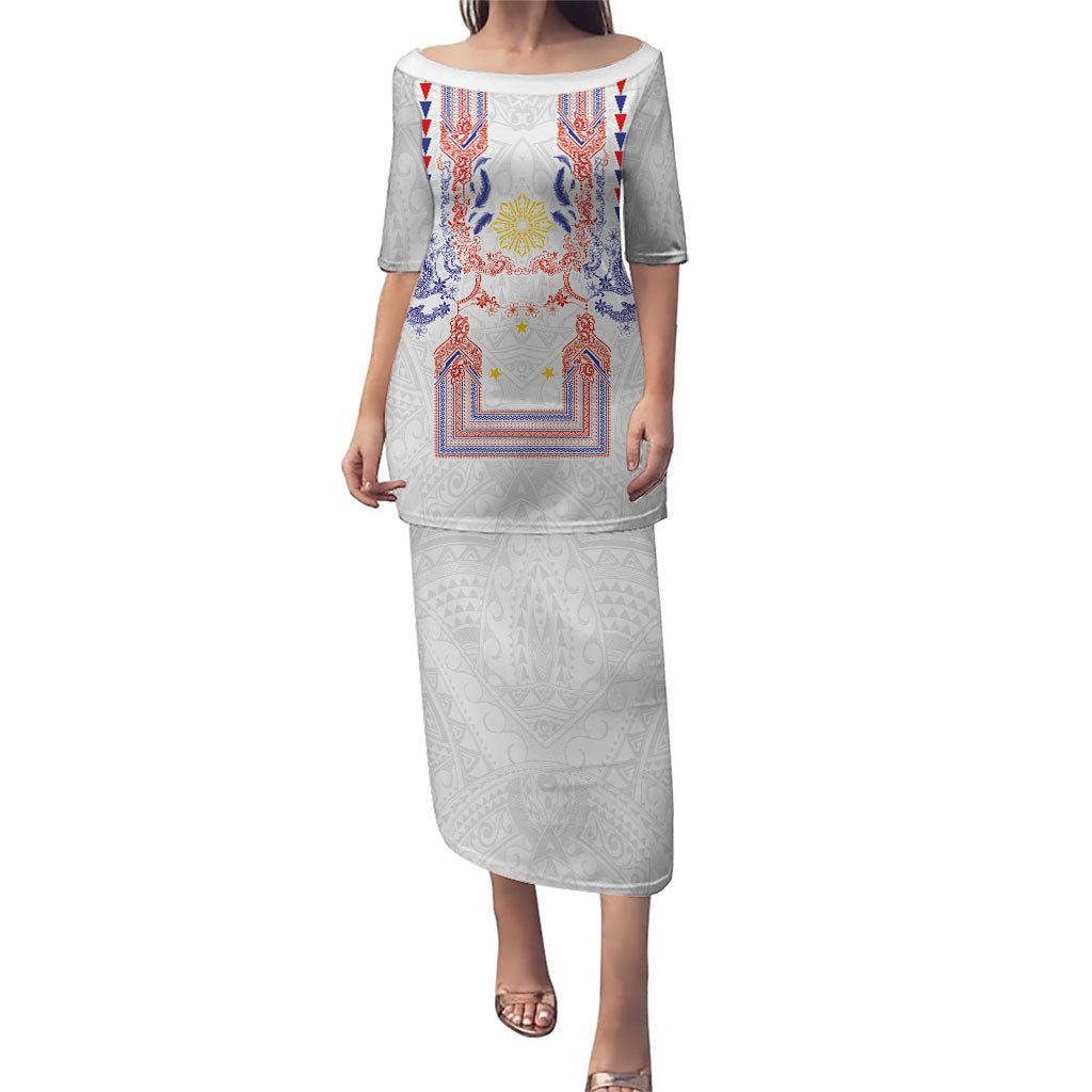 Philippines Barong Style Family Matching Puletasi and Hawaiian Shirt Polynesian Kakau Art Tattoos with Tribal Filipino Sun LT03 Mom's Dress White - Polynesian Pride
