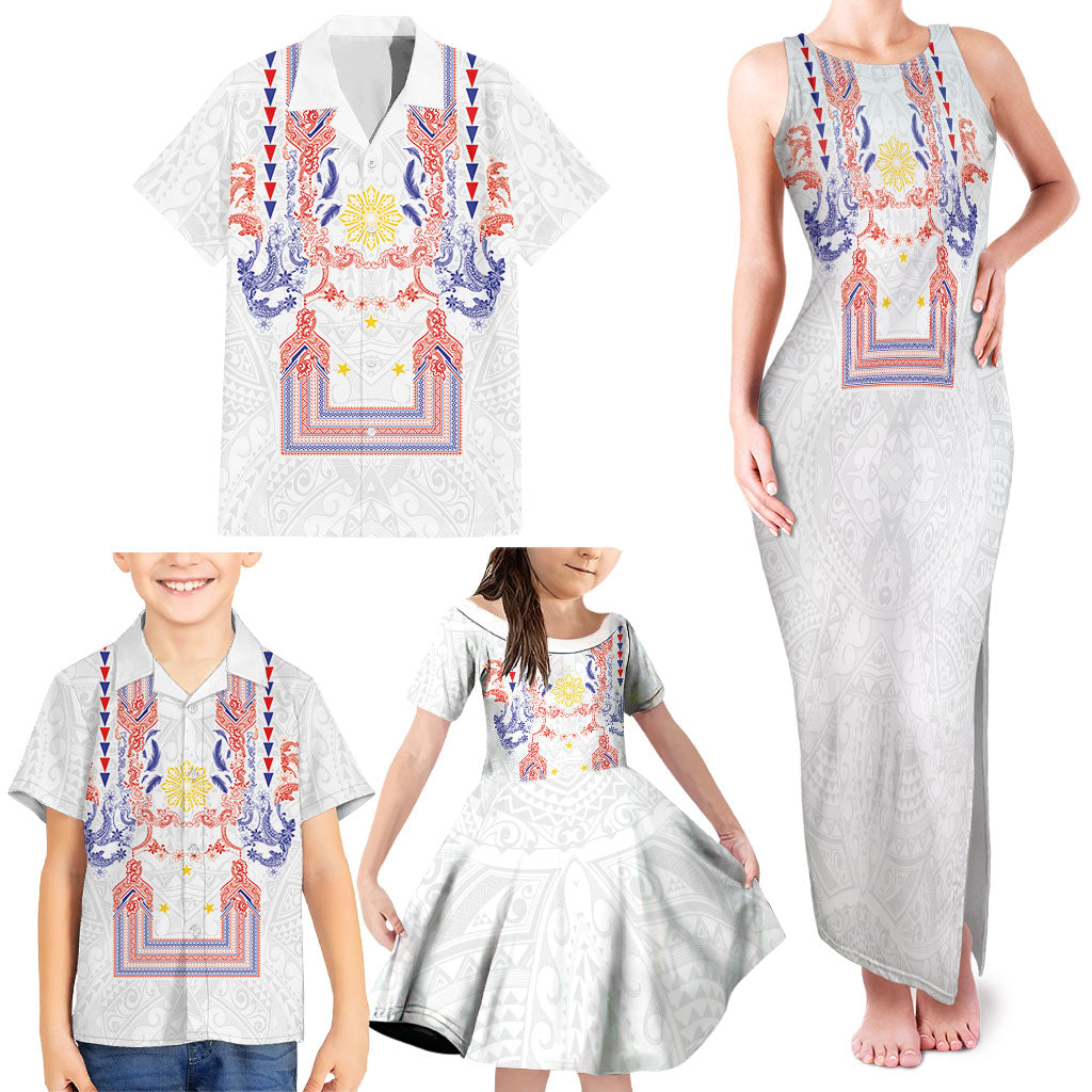 Philippines Barong Style Family Matching Tank Maxi Dress and Hawaiian Shirt Polynesian Kakau Art Tattoos with Tribal Filipino Sun LT03 - Polynesian Pride